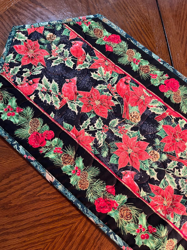 Handcrafted - Quilted Table Runner - Christmas with Cardinals-Rose Stripe NEW