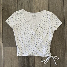 HOLLISTER Blue FLORAL Faux Wrap Cottagecore Y2K 90s Baby Tee Crop Top Sz Medium