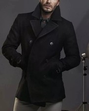 MENS CLASSIC DOUBLE BREASTED VINTAGE NAVY MARINE PEA BLACK WOOL COAT