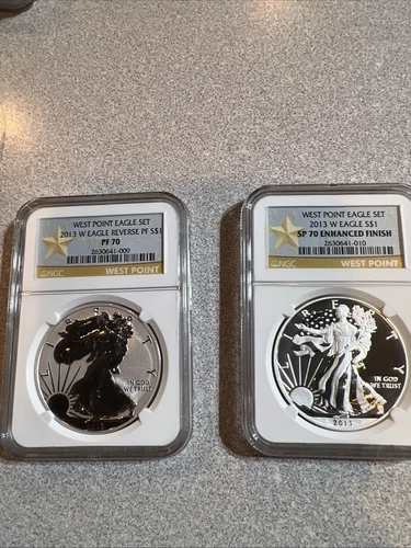 2013 W REVERSE PROOF SILVER EAGLE NGC PF70 & ENHANCED SP70 2 COIN WEST POINT SET