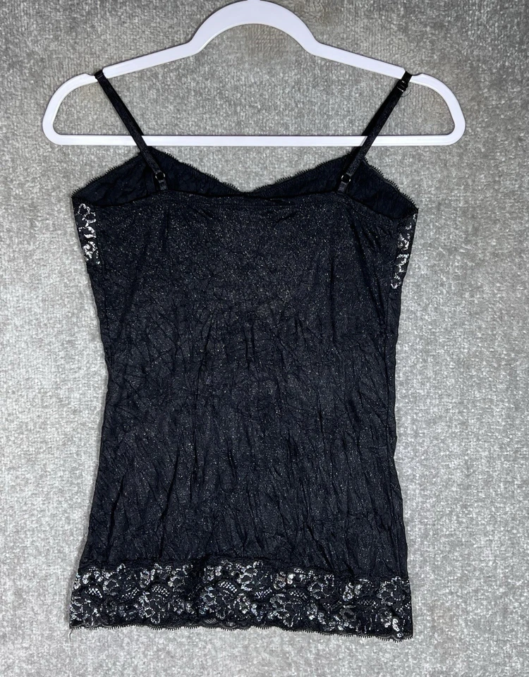 Camiseta sin mangas camisola con ribete de encaje tocador para mujer talla S negra plateada metálica brillante Y2K Foto 2 de 4