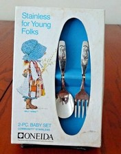  HOLLY HOBBIE STAINLESS  2-PC. BABY SET SPOON  FORK ONEIDA-ORIGINAL BOX-1978-B3
