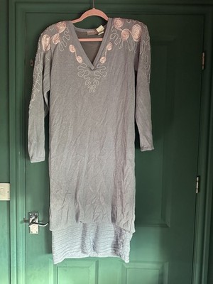 Medici by Gill Harvey Vintage Gr. 16 Blau Rosa Farbton 80er Strickkleid Fabelhaft