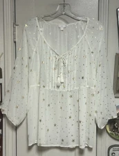 C & C California Ethereal Celelstial Ivory W/Gold Stars Semi Sheer XL Blouse