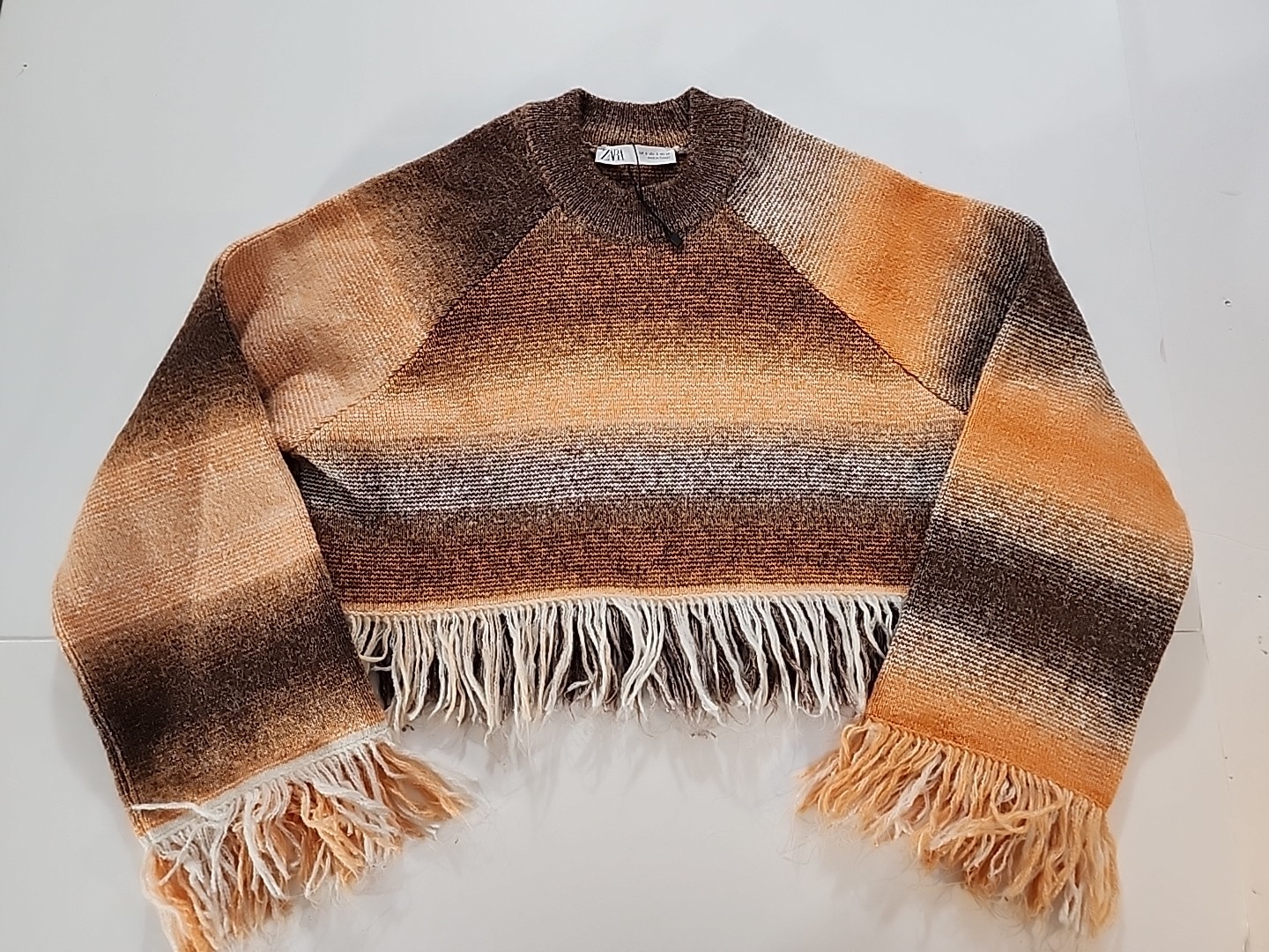 Zara Brown Orange Boho Fringe Cropped Blogger Favorite Western Sweater Small