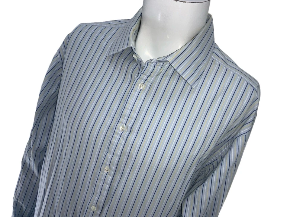 Camisa de vestir Thomas rosa 18 35,5 azul amarillo a rayas algodón puño francés YGI X5-33 Foto 3 de 4