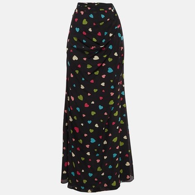 Moschino Cheap and Chic Black Heart Print Silk Maxi Skirt S