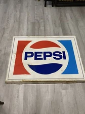 Vintage 45” Metal Embossed Self Framed PEPSI Cola Sign 1977 Stout Sign Co Soda