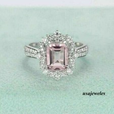 2CT Emerald Cut Real Pink Sapphire 14K White Gold Finish Engagement Jewelry Ring