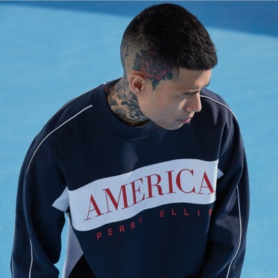 PERRY ELLIS 'America Colorblock Logo Crew Neck Sweatshirt' - dark sapphire - S