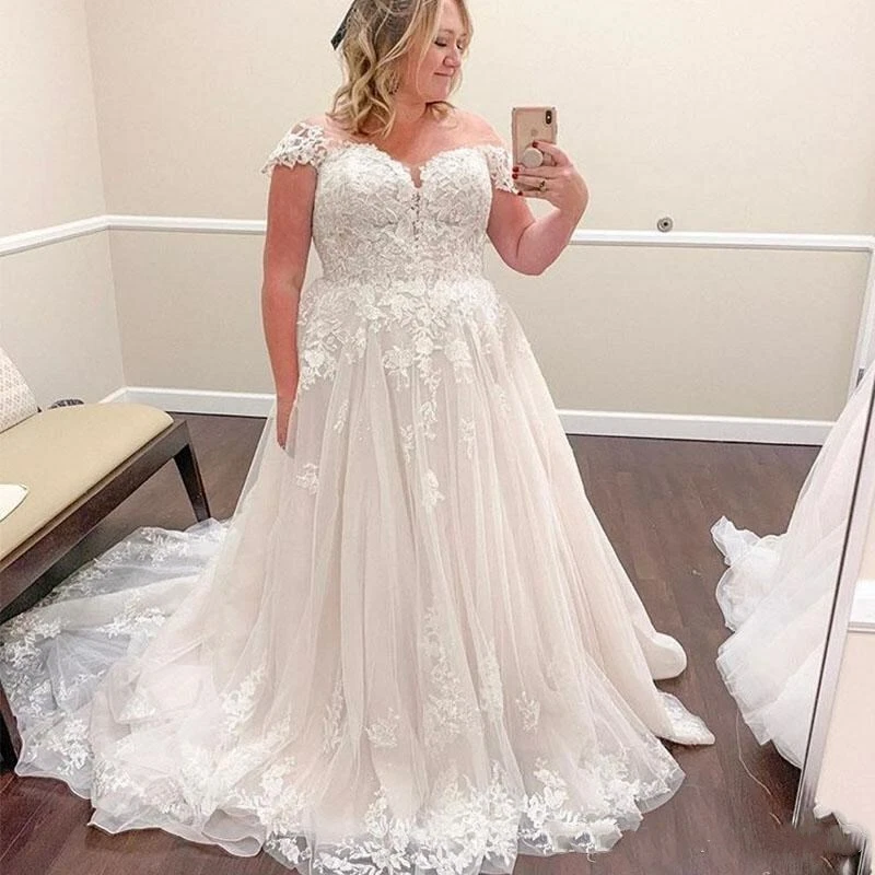 Plus Size Wedding Dresses Lace Applique A Line Cap Sleeves Beach Bridal  Gowns