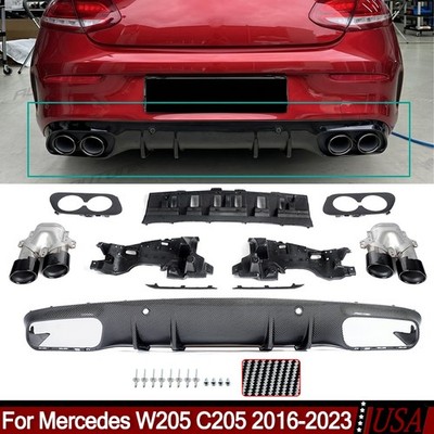 C43 Style Rear Diffuser+Black Round Exhaust Tips For 2015-2021 Benz W205 Cuope