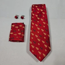 Barry Wang Christmas Tie Red 100% Silk with Kerchief and Cufflinks