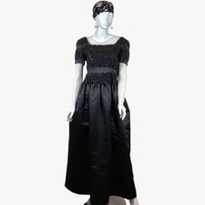 Oscar De La Renta Studio Black Satin Beaded Gown Lace Bodice Maxi Dress 80s 90s 