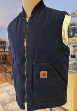 Vtg Carhartt Jacket Vest Duck Canvas V02 Black w/ Paint Made in USA Men's L TALL