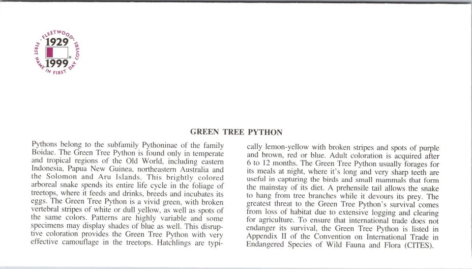 FDC 1999 SC #758 A271 Fleeetwood, Green Tree Python - UN NY - Single - J18307 - Image 2 of 2