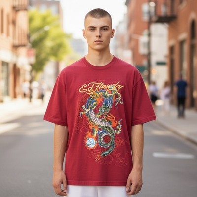 Ed Hardy Mens Wine Red Dragon Graphic Print T Shirt Size Medium Short Sleeve NEW