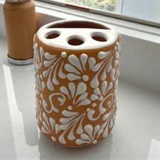 Brown  White Talavera Toothbrush Holder  Mexican Bathroom Decor