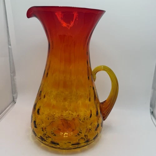 Vintage MCM Blenko Glass Bubble Optic Pitcher Tangerine Amberina 10.25" Stunning