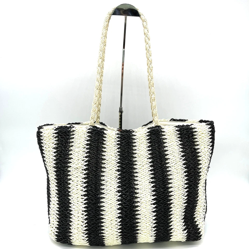 Сумка-тоут Bueno большая тканая соломенная черная кремовая пляжная богемная для путешествий летнего фестиваля - Изображение 4 из 4