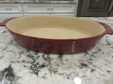 Pampered Chef Family Heritage Stoneware Oval Baking Dish Cranberry Enamel 12"x8"
