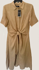 NWT Lauren Ralph Lauren Tie Front Point Collar Linen Shirt Dress, 10, Tan,  $195
