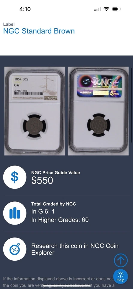 🔥 1867 3 Cent 3cs Nickel Coin G6 NGC Only G6 Graded By NGC - Image 3 of 4