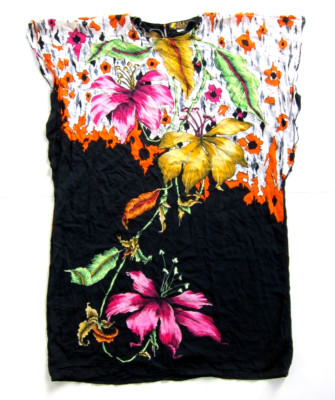 VTG Elok Rayon Indonesia Batik Floral Black Pink Yellow Kaftan Muumuu Dress OS