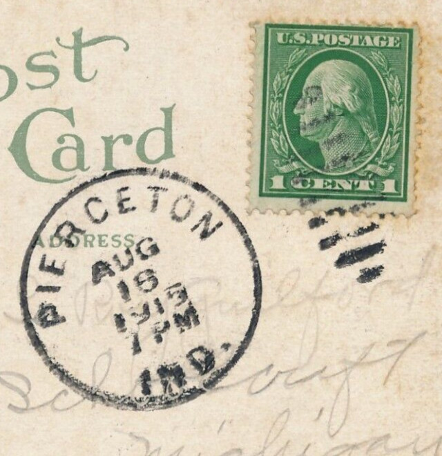 PIERCETON IND. OVATE BARRED DUPLEX CANCEL. 1915. SMALL TOWN. XF CLEAR STRIKE