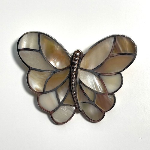 Vintage Sterling Silver Abalone Butterfly Pendant Large 1.3” Length - P35