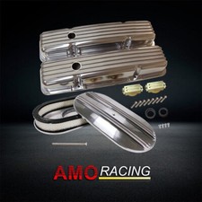 Polished Short Alum Valve Cover Fits 58-86 SBC & 15"x3" Air Cleaner Half Finned