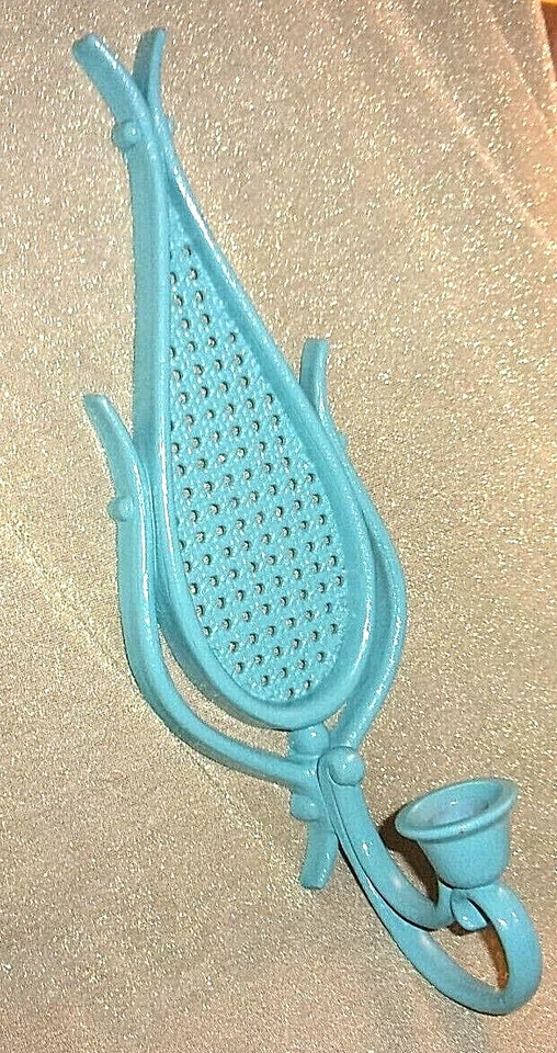 HANDPAINTED VINTAGE TEAL SHABBY CHIC WALL SCONCE CANDLE HOLDER-15"-HOME INTERIOR - Image 2 of 4