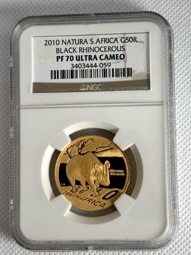 2010 GOLD SOUTH AFRICA NGC PROOF 70 UC 50 RAND BLACK RHINO NATURA 1/2oz