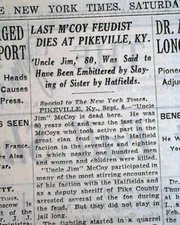 JAMES 'Uncle Jim' McCOY Last Hatfield-McCoys Hillbilly Feud DEATH 1929 Newspaper