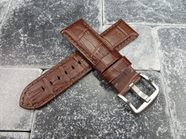 Bracelet Cuir 24mm Pour Montre Style Panerai - Couleur Orange/rouge, Grain Alligator - Neuf