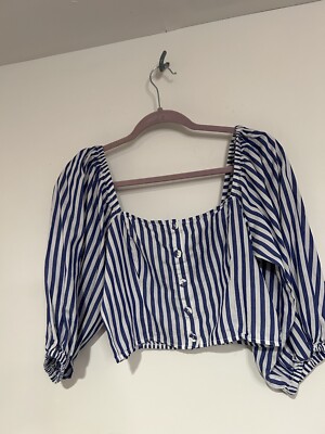 Forever 21 Crop Top Blouse Sz Large On/Off Shoulder Cotton Blue White  Stripe Y2K