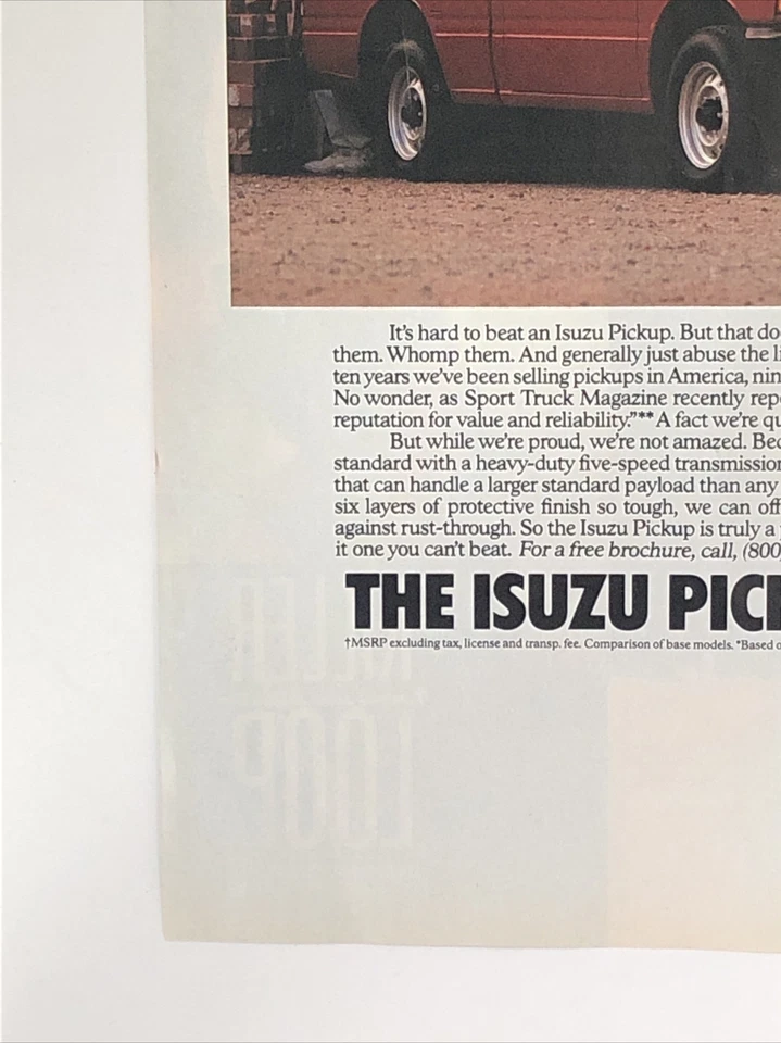 Camioneta pickup Isuzu 1991 anuncio impreso $7999 valor fiabilidad - vencer de colección años 90 roja Foto 4 de 4