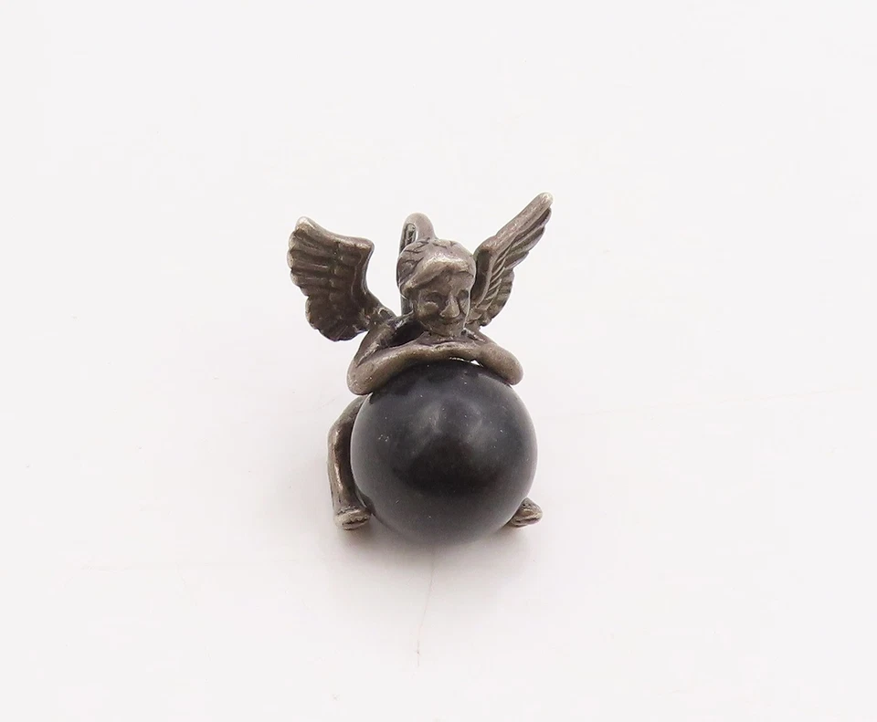925 Sterling Silver Vintage Pendant Guardian Angel On Black Bead Charm  PT25432 - Image 2 of 4