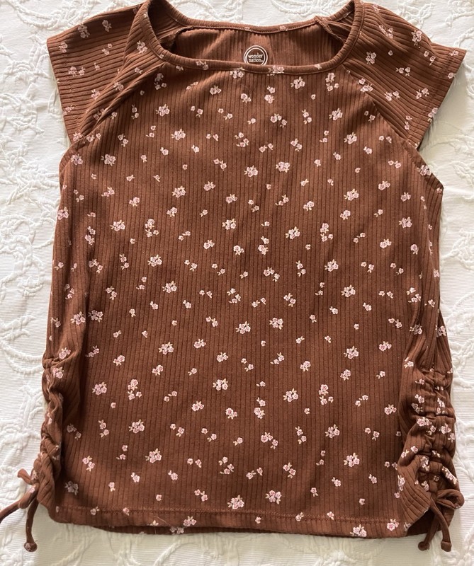 Wonder Nation Girls XL (14-16) Brown Pink Floral Ribbed Drawstring T-Shirt