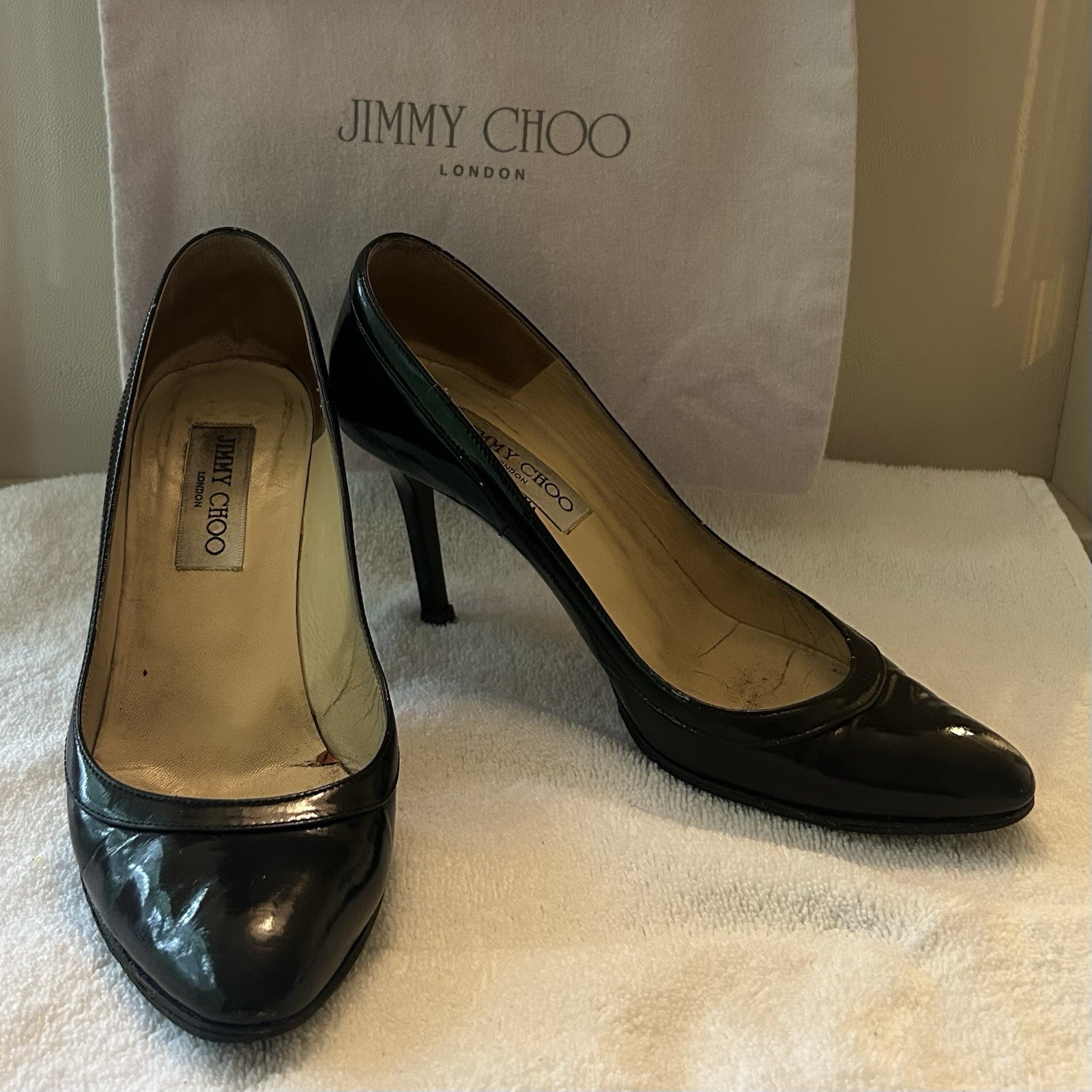 Jimmy Choo London Patent Black Leather Heels, Round Toe EU Size 36.5 (US 6.5)
