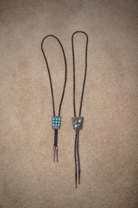 Set of 2 Turquoise & Sterling Silver Black Leather Bolo Ties