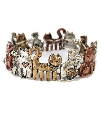 Cat Kitty Charm Bracelet Silver Plated Quality Stretch NEW 3 Tone
