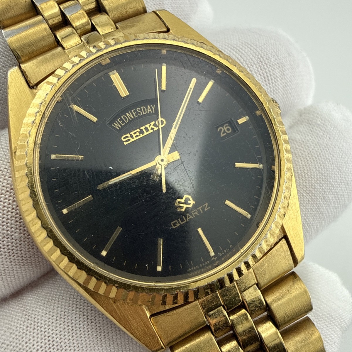 Seiko SQ President Watch Men 36mm Black Dial Gold Tone Daydate