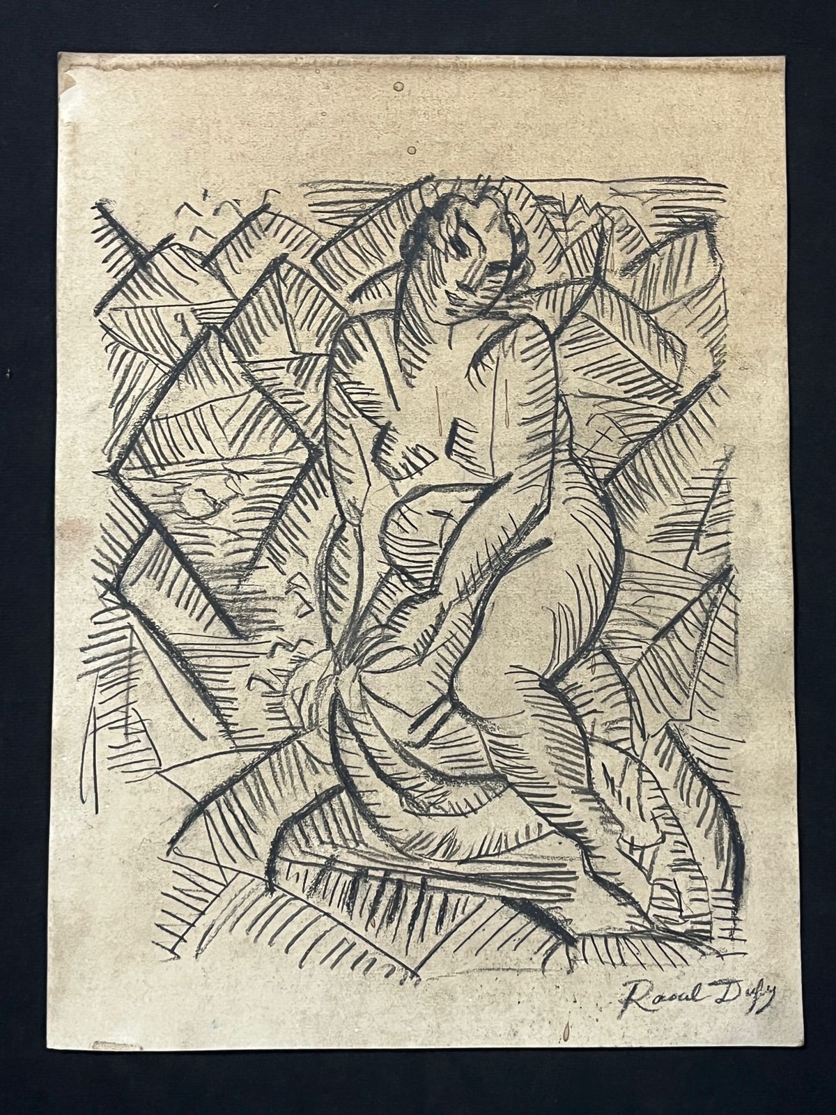 RAOUL DUFY drawing and painting on old paper signed stamped vintage