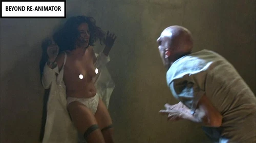 BEYOND RE-ANIMATOR DVD cover showing a muscular man in gray clothing reaching toward a woman in white underwear.