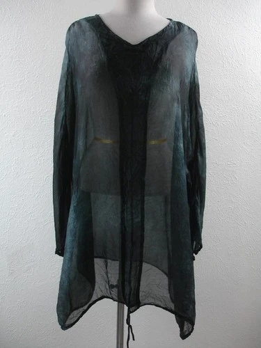 Women's sz M L XL Cynthia Ashby Black 100% Silk Drawstring Blouse Sheer Top Long