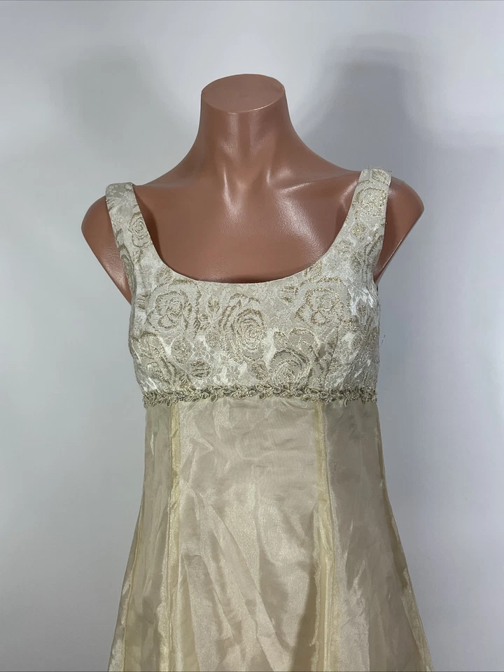 Maxi Vestido de Baile de graduación Vintage 4 Marfil Dorado Años 90 Y2K Hada Princesa Cintura Imperio Foto 3 de 4