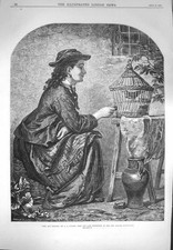 Original Old Antique Print 1870 Beautiful Girl Thrush Bird Cage Fine Art Patten