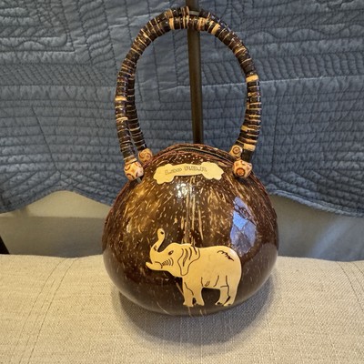 Coconut Shell Handbag Purse Elephant And Flower Design Beaded Handle Lao P.D.R