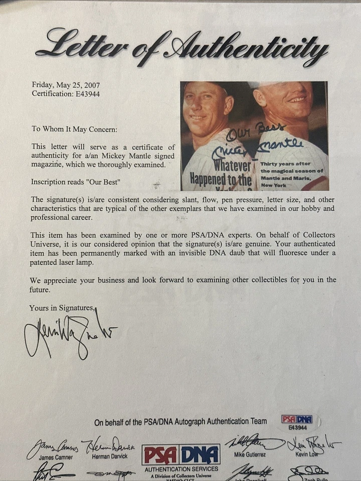 Mickey Mantle Signed Magazine Sports Illustrated Front Page Only PSA “Our Best” - Image 3 of 3